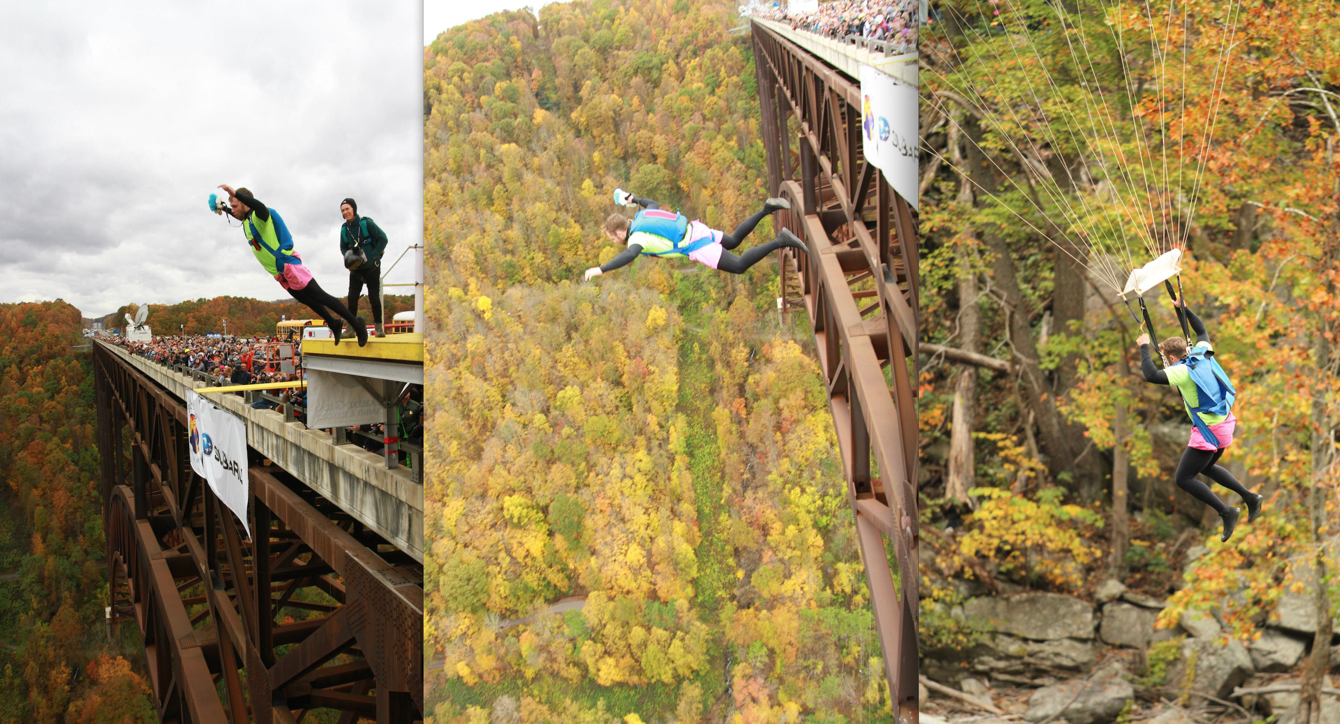 Taylor BASE jumps off the New River Gorge Bridge in 2012